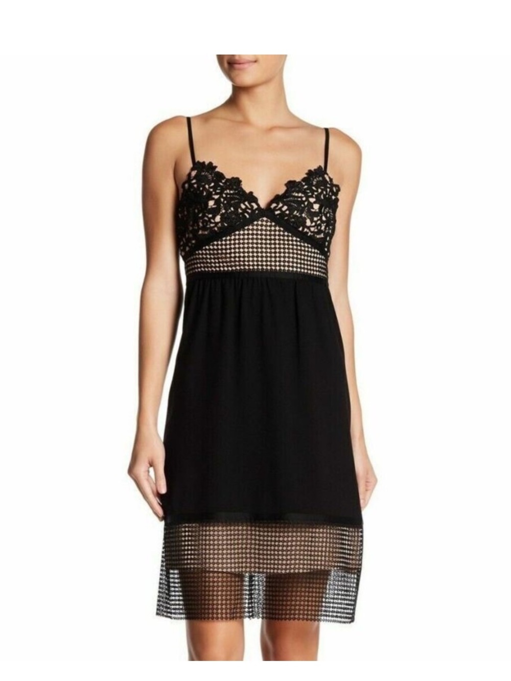 Theory Black Lace-Trim Midi Dress with Contrast Mesh Bands